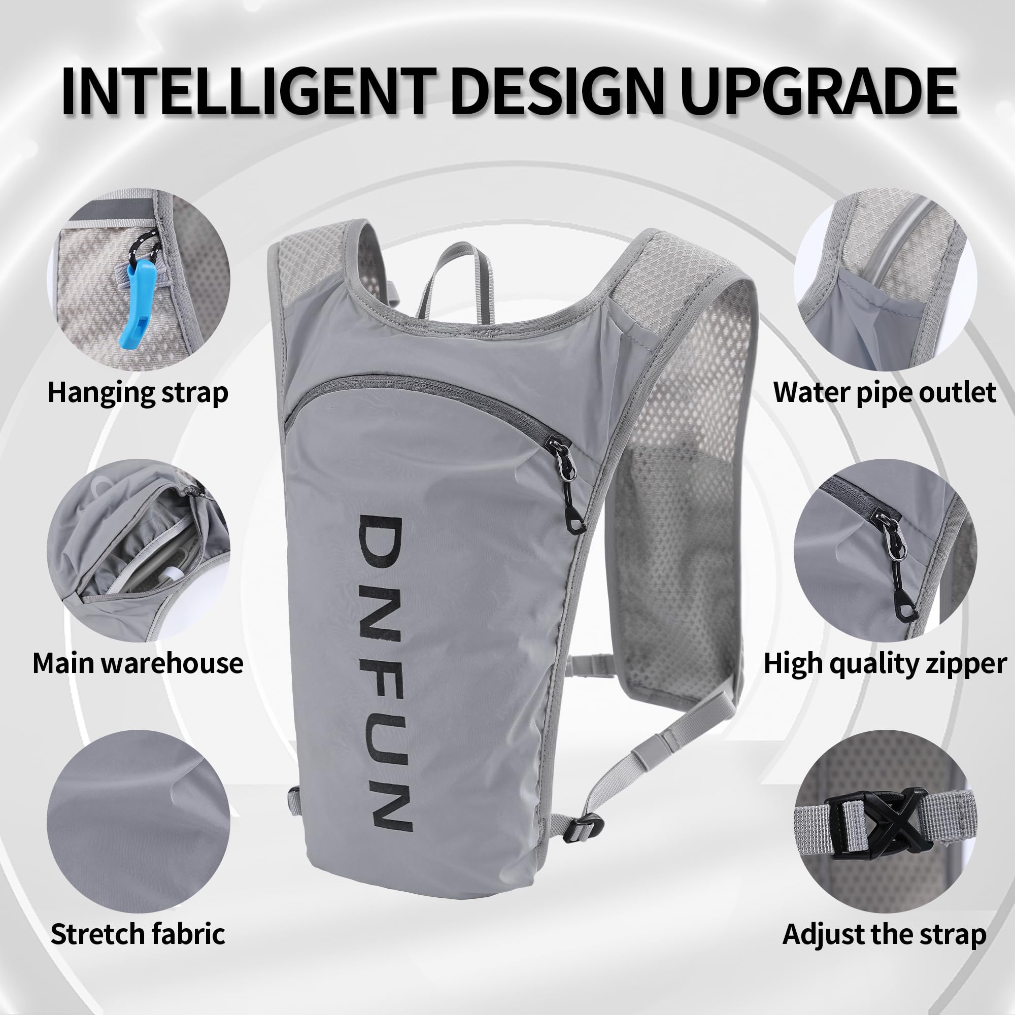 DNFUN Zaino Trail Running, Gilet Running Uomo Donna, Gilet Corsa Riflettente Idratazione Multitasche con Borraccia Morbida 500ml *2 o Sacca Idrica 1.5 per Trekking Ciclismo