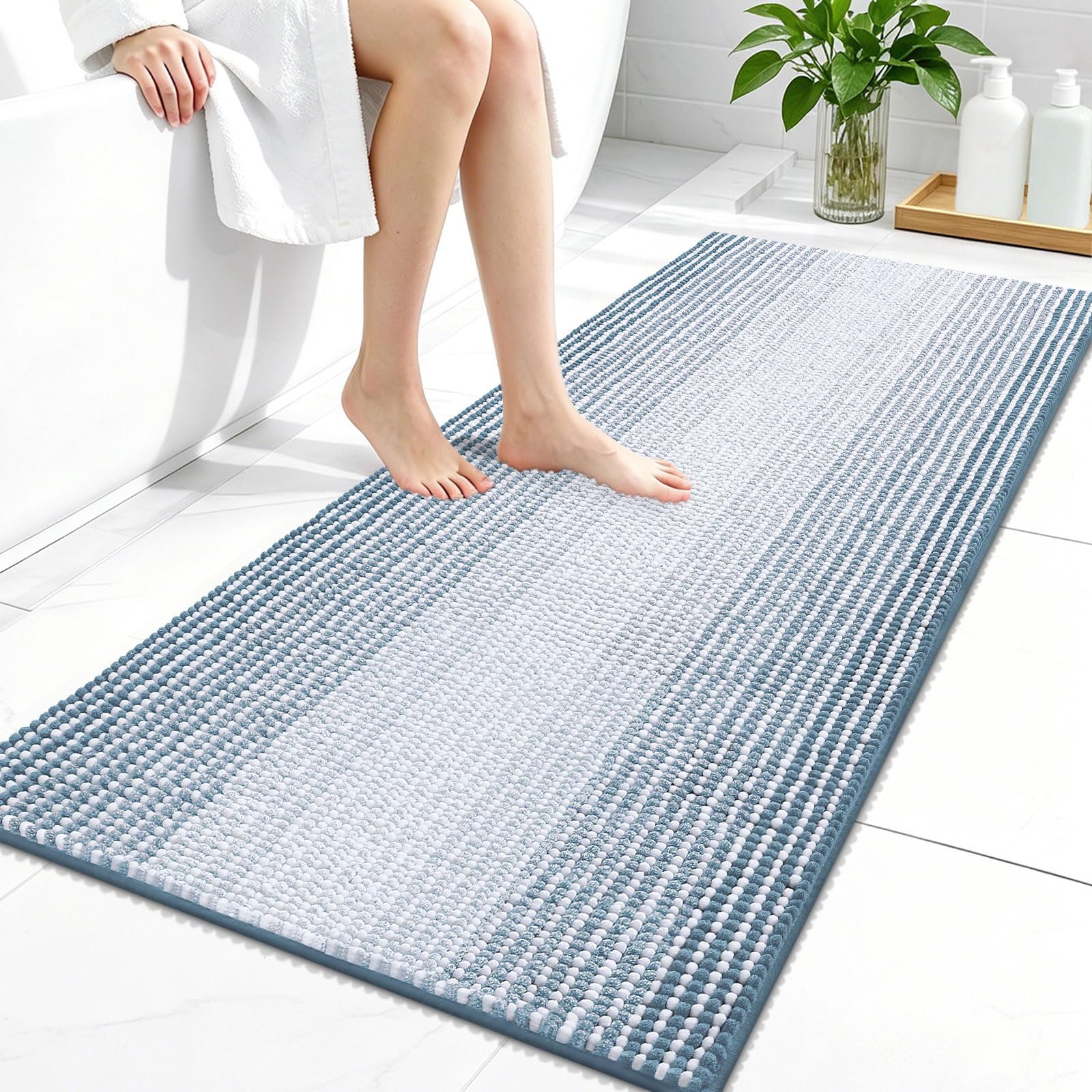 OLANLY Bathroom Runner Rugs 44x24, Chenille Striped Bath Rugs, Airy Blue