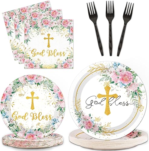 96 piezas de platos de fiesta con diseño de flores con temática de bautismo, para primera comunión, platos y servilletas de papel y servilletas Dios