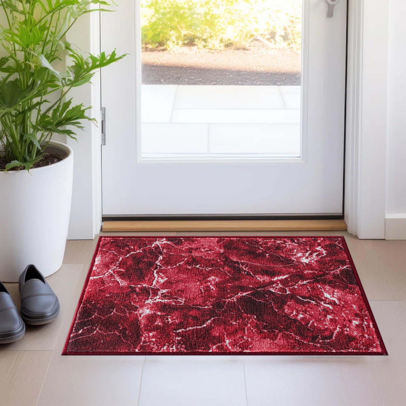 renoazul® Anti Slip Hall Way Runner Rug With Gel Backing - Marble Rug - 60 x 110 cm - Red - Washable Long Door Mats Indoor For Living Room and Bedside
