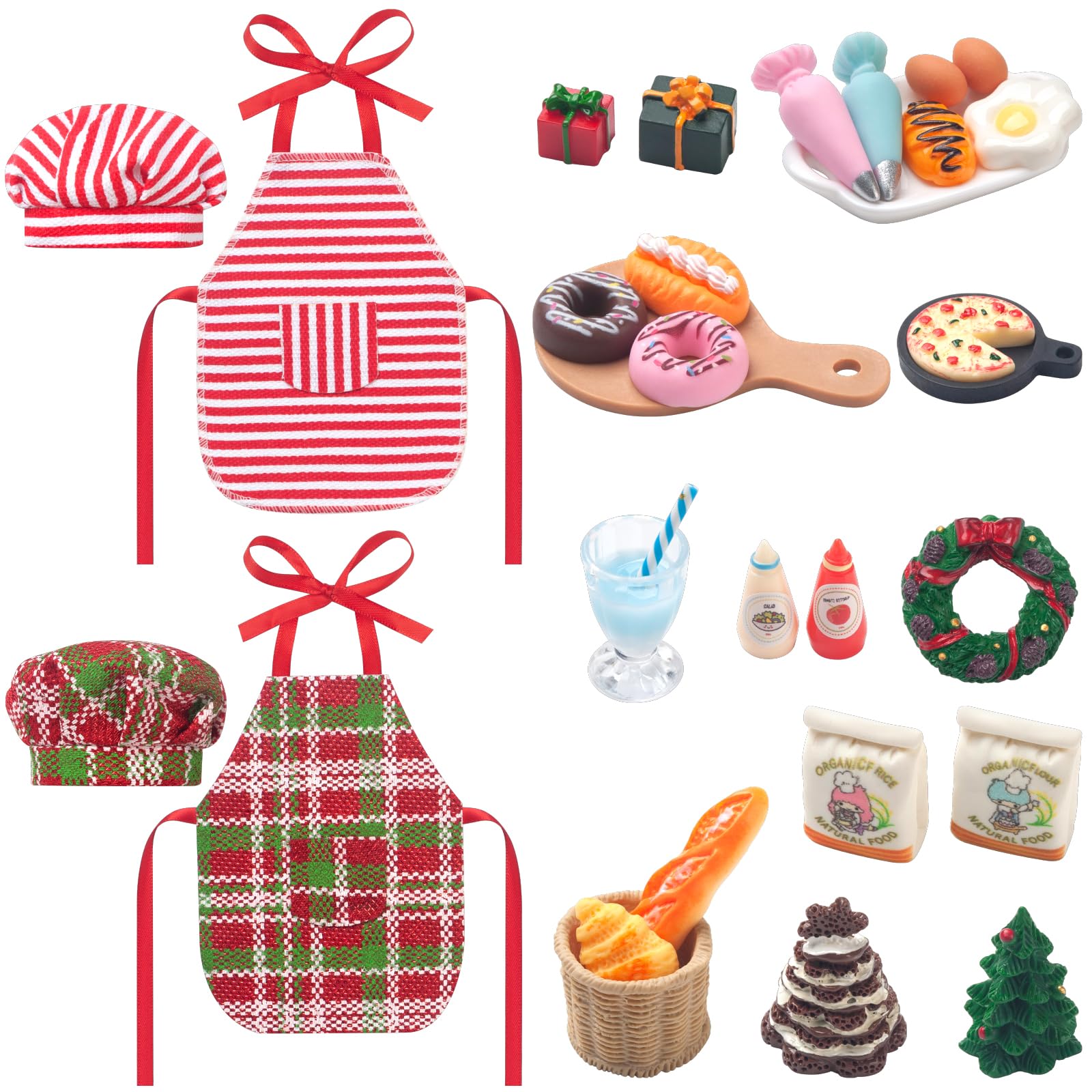 30 PCS Christmas Elf Accessories Mini Elf Doll Baker Outfit Set, Include Apron Hat Bread Eggs Pizza Tray Donut Cake Juice Sauce Christmas Tree Wreath, Xmas Elf Doll Decorations, Without Doll