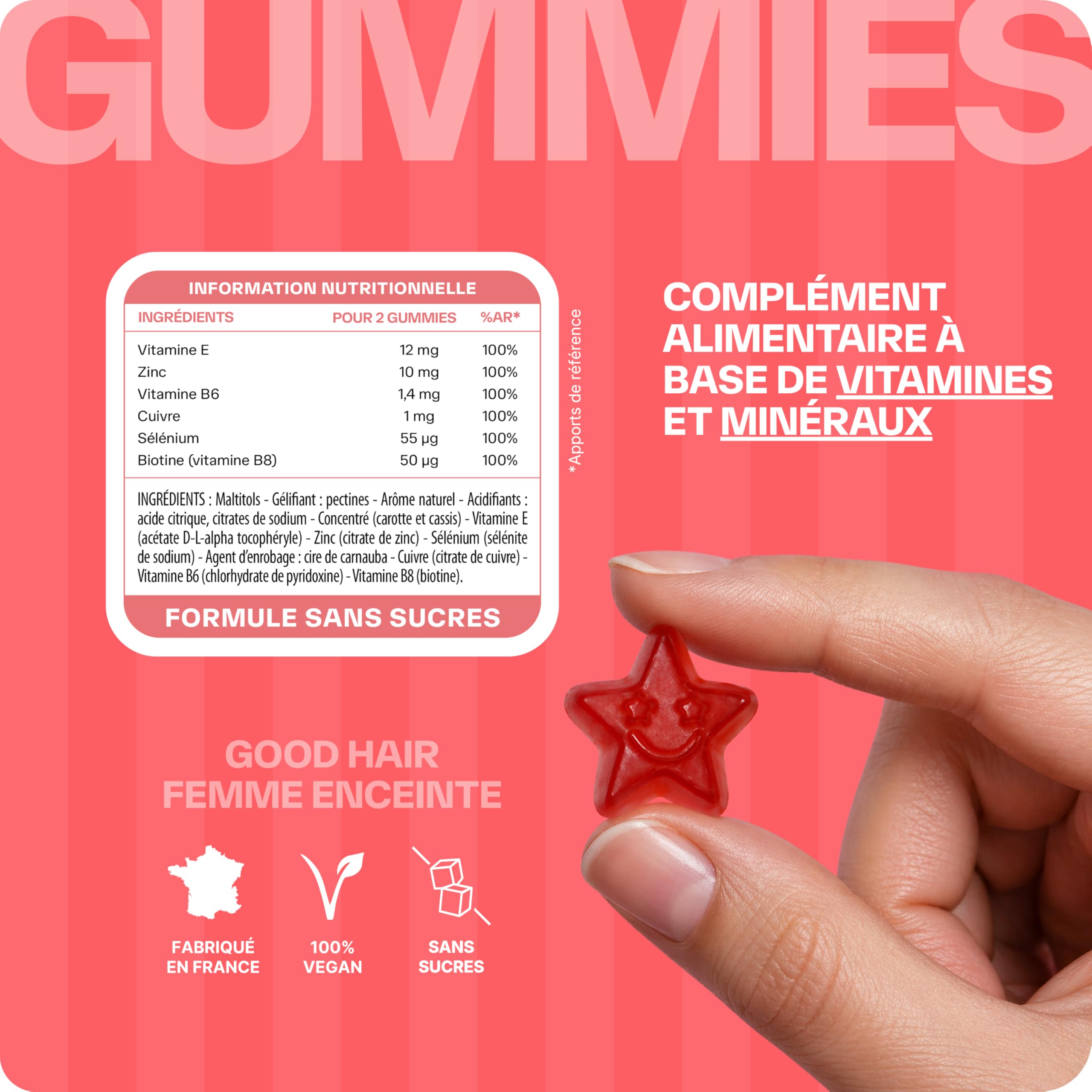 Lashilé Beauty - Gummies Cheveux Femme Enceinte - Pousse Croissance & Fortification capillaire - Complément Alimentaire Cheveux - Good Hair Femme Enceinte - Biotine Zinc B6 - Cure 3 Mois 180 Gummies