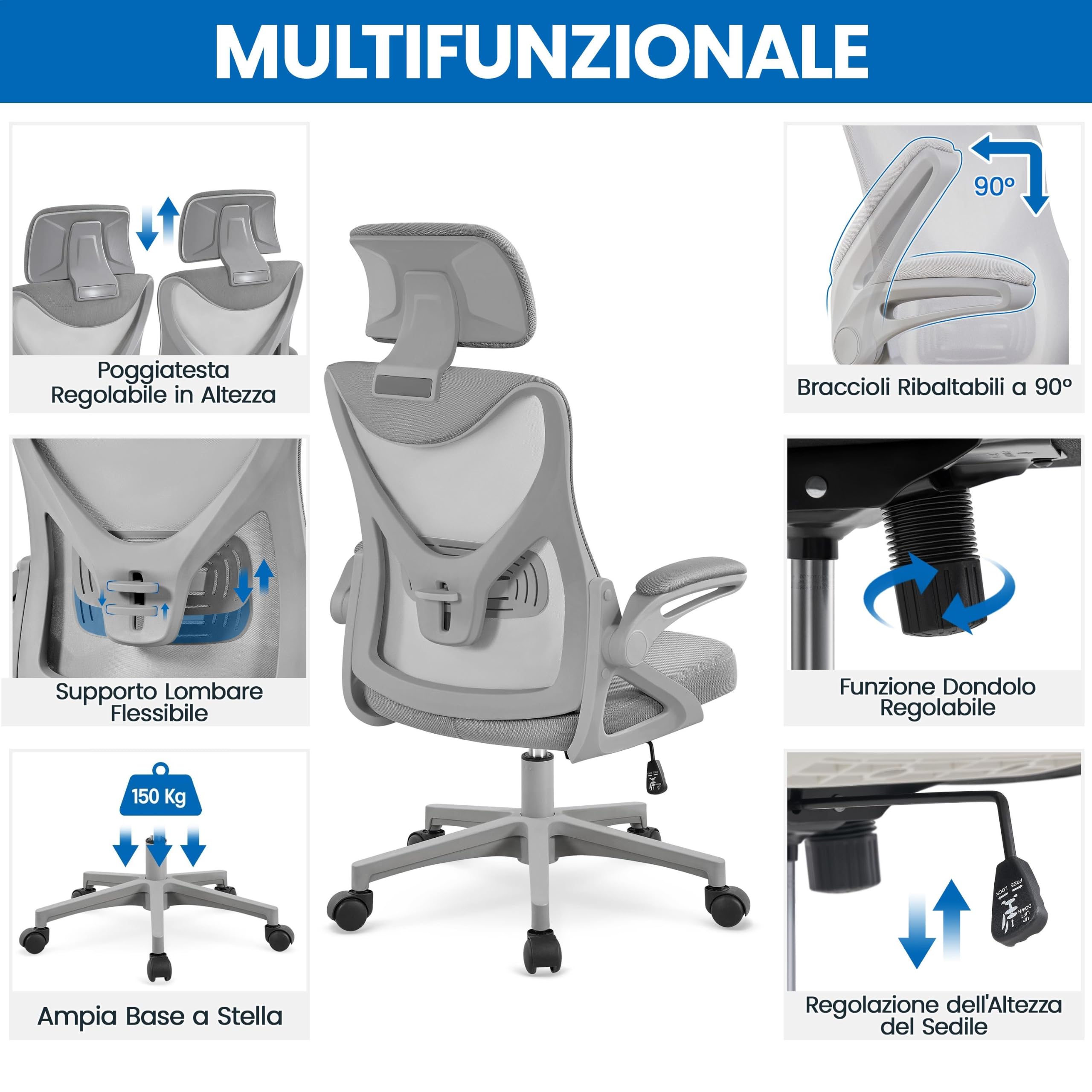 Yaheetech Ergonomiczne krzesło biurowe z podłokietnikami, regulowany zagłówek, wysokie oparcie, funkcja huśtawki, krzesło obrotowe z oddychającej siatki z podparciem lędźwiowym, kolor szary