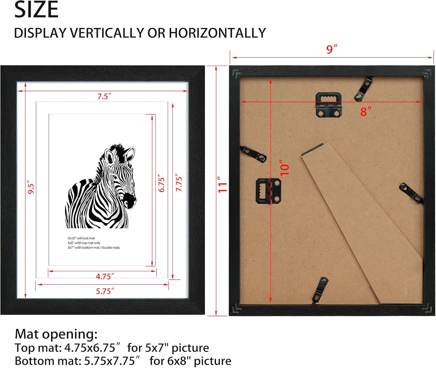8x10 Set of 4 Solid Wood Picture Frame, Natural Wood Photo Frame with Double mats, Display 5x7 or 6x8 with paper mat, 8 by 10 without mat, Black Picture Frame, Wall mounting or tabletop display - Image 9