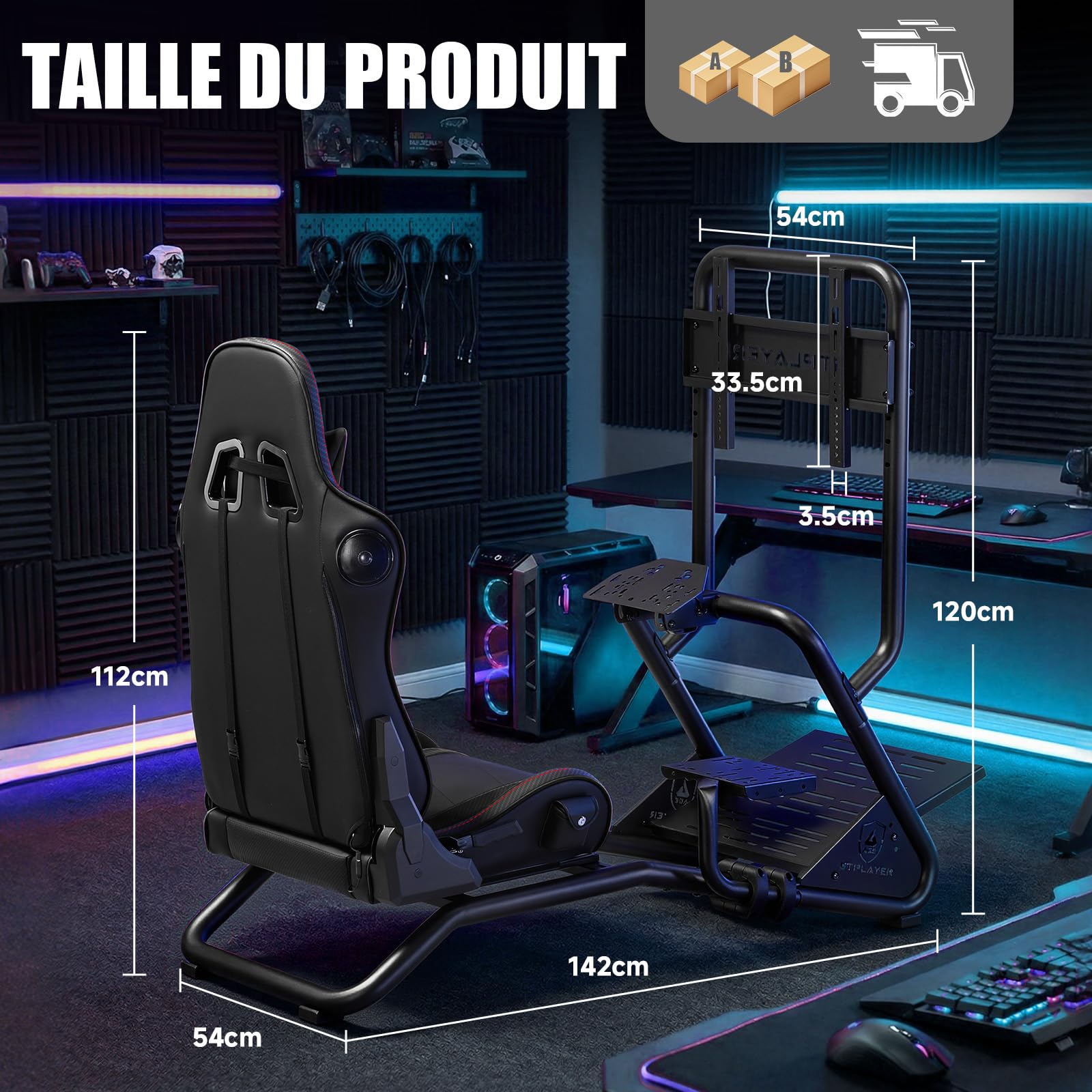 GTPLAYER Simulateur de Conduite, Siège de Simulation avec haut-parleurs stéréo 3D, Support pour écran, Support de volant réglable, Support pour levier de vitesse et pédales, Noir