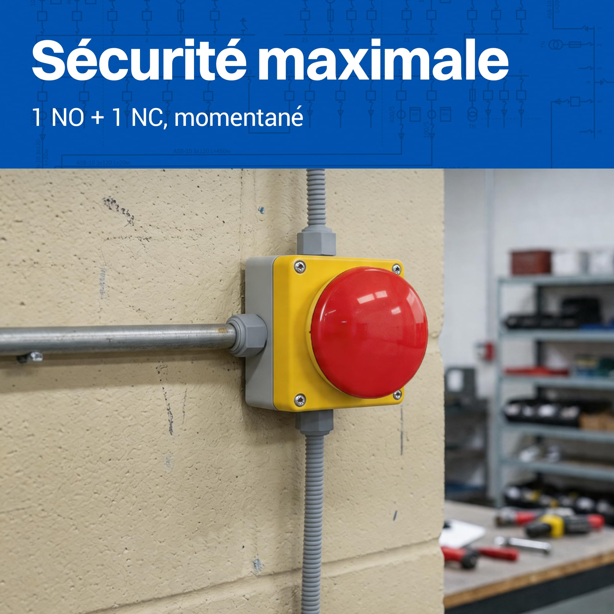 Bouton manuel brut Bouton poussoir Interrupteur Bouton champignon Pédale de commande Arrêt d'urgence Buzzer ouvre-porte 1NO+1NC Ouverture positive Rouge/jaune Fonction de verrouillage IP65