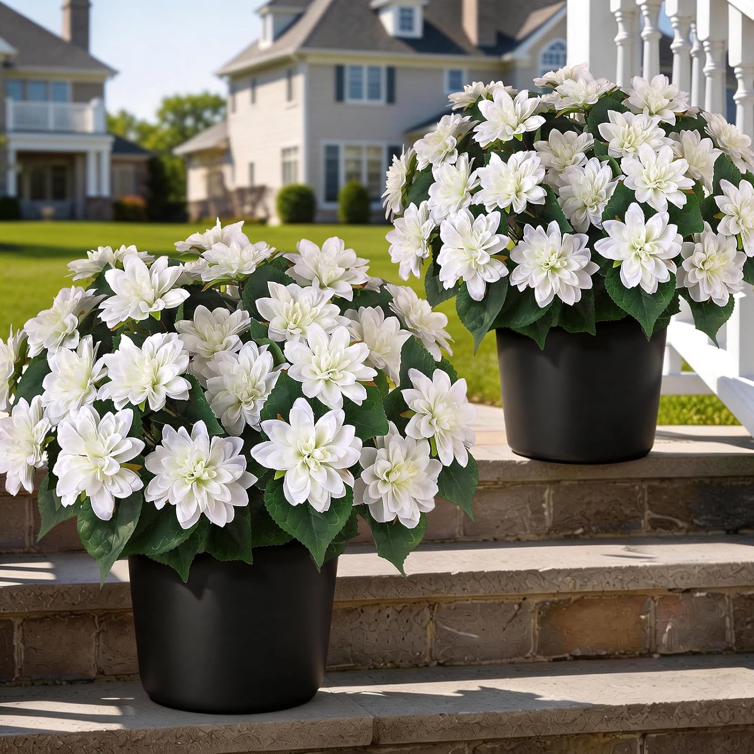 2 Set of Artificial Dahlia Topiary Ball Trees - Fake Silk Dahlia Flower Bushes, UV Resistant Faux Floral Shrub Potted for Front Door Porch Farmhouse Wedding Outdoor Decor (White)