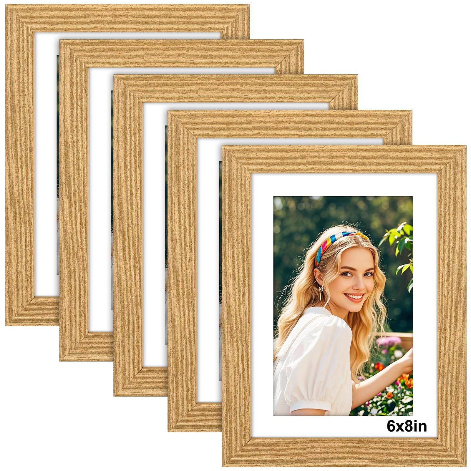 8x6 Photo Frame Wood Effect - 5 Pack 6x8 Picture Frames with Mount, Photo Frames 8x6 Picture Frame for Wall Mount & Desktop