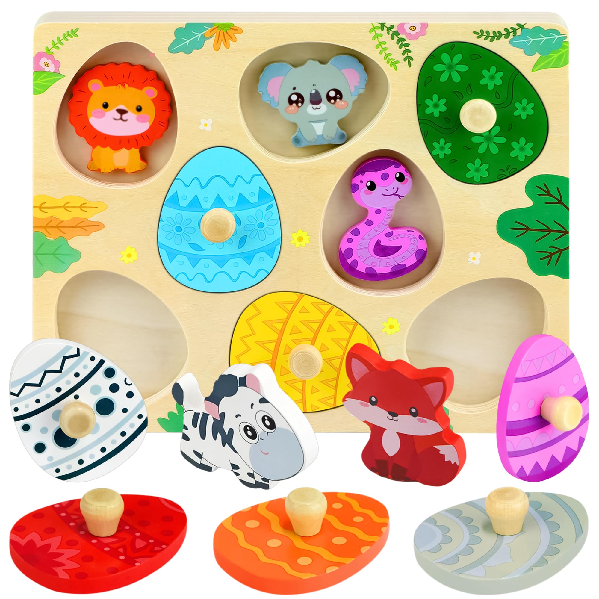 Peg Puzzles Wooden Montessori Toys for Toddlers 1 2 3, Wooden Shape Peg Puzzles for 1 2 Year Old Boys Girls, Educational Learning Toy for Kids, Puzzle Easter Gifts for 12-18 Months Baby [Animal]