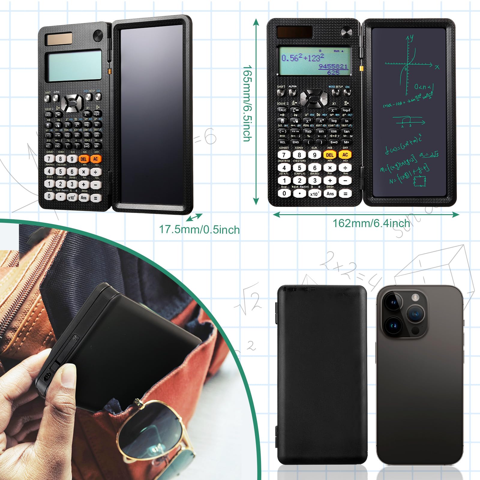 Copkim Calcolatrici scientifiche con tavoletta di scrittura LCD per il ritorno a scuola calcolatrice ad energia solare piccola calcolatrice matematica con blocco note per studenti delle scuole medie