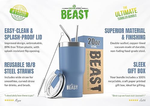 Miniatura 2 de Vaso de acero inoxidable BEAST con aislamiento al vacío de doble pared, para café o bebida fría, termo de viaje, 20 onzas (azul cielo tormenta)