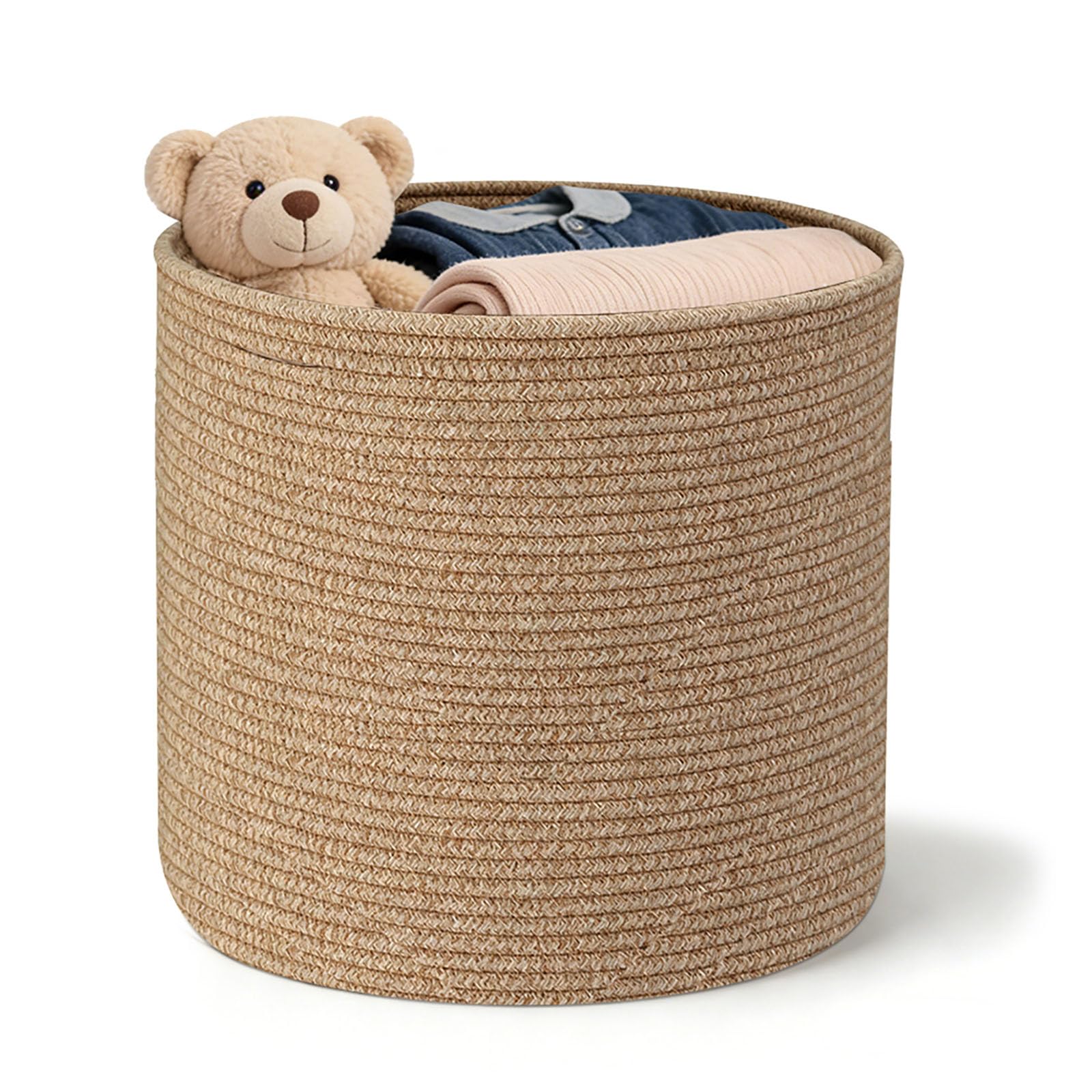 LUPATDY Cestino Portaoggetti in Corda di Cotone, Cesto Portabiancheria 40x35 cm con Manici, Cesto Organizzatore per Giocattoli, Abiti, Coperte, per Nursery, Soggiorno, Camera da Letto (Caramello) - 1