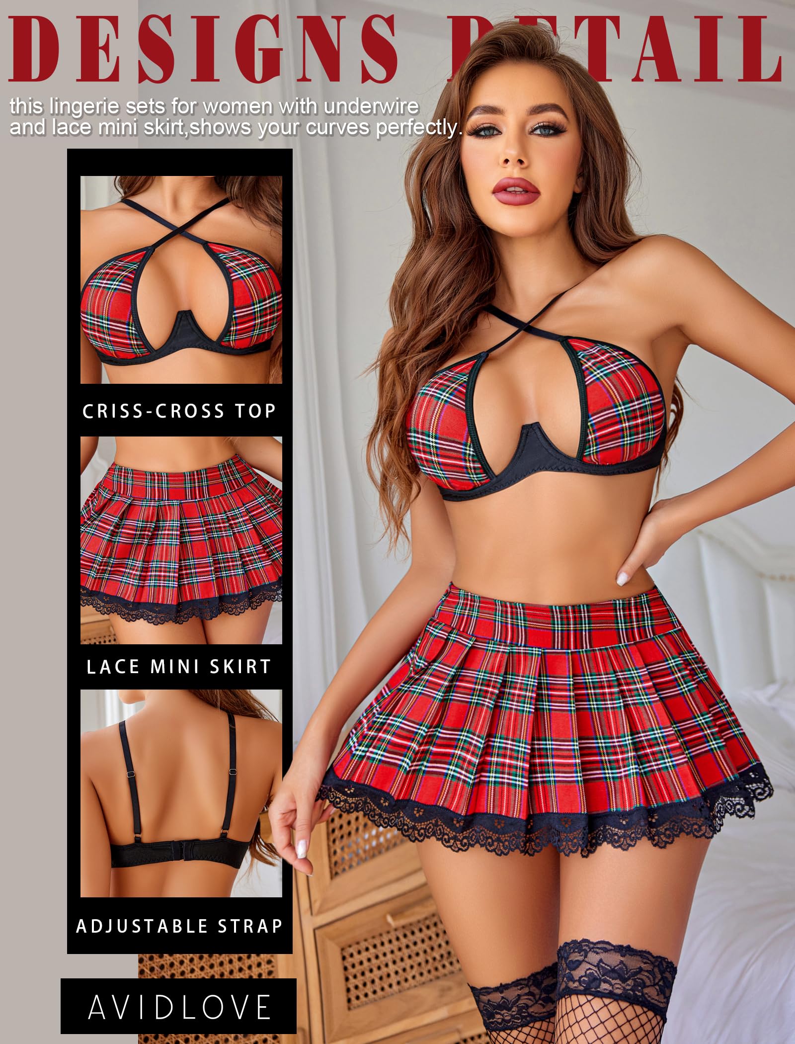 Avidlove Ensemble de lingerie deux pièces pour femme avec armatures - Ensemble de lingerie sexy avec mini jupe plissée en dentelle