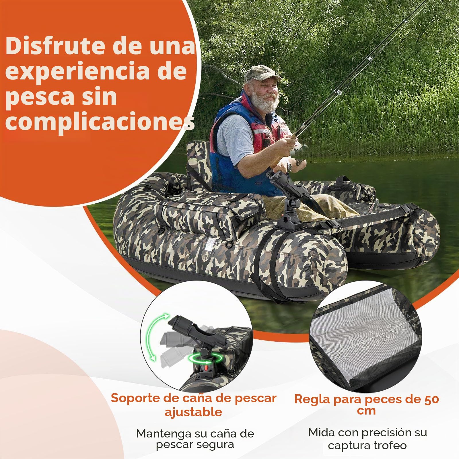 GOPLUS Barco de Pesca Inflable, Barca Hinchable con Correas y Respaldo Ajustables, Bomba Manual, Remo, Aletas, Soporte para Caña de Pescar, Regla de Pescado, Almacenamiento, Carga 150 kg, Camuflaje