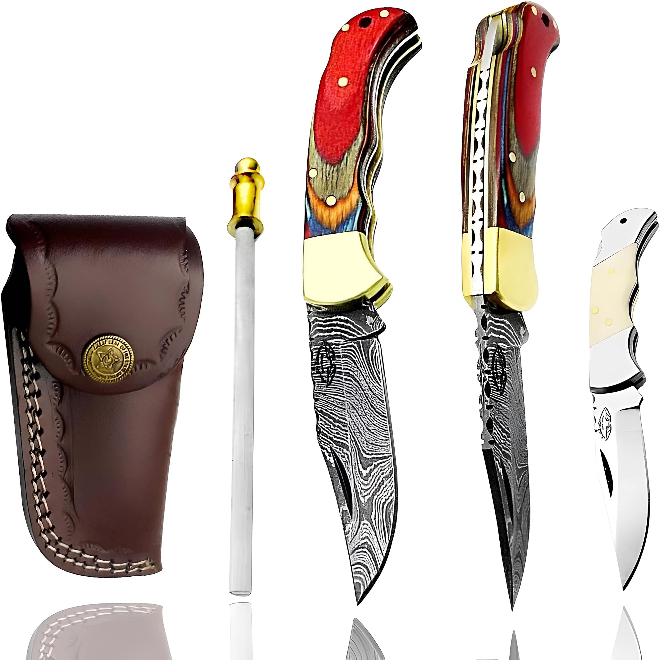 Multi Wood Unique Beautiful 6.5'' Custom Handmade Damascus Steel Brass Bolster Back Lock Folding Pocket Knife Sharpening Rod 100% Prime Quality Plus Beautiful Blue Wood Stainless Steel Pocket Knive