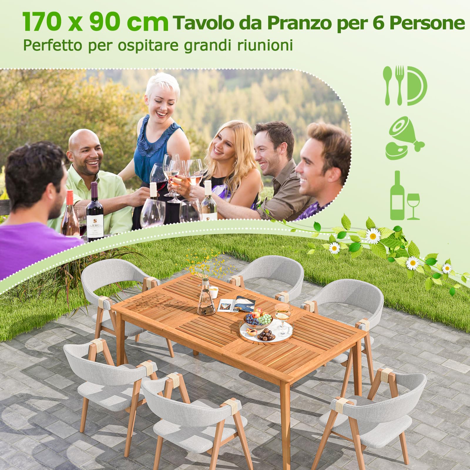 COSTWAY Tavolo Pranzo da Esterno 170 cm, con Foro per Ombrellone 5 cm, Tavolo Giardino in Legno Acacia a 6 Posti, per Giardino Patio, Portata 160 kg, 170 x 90 x 75,5 cm