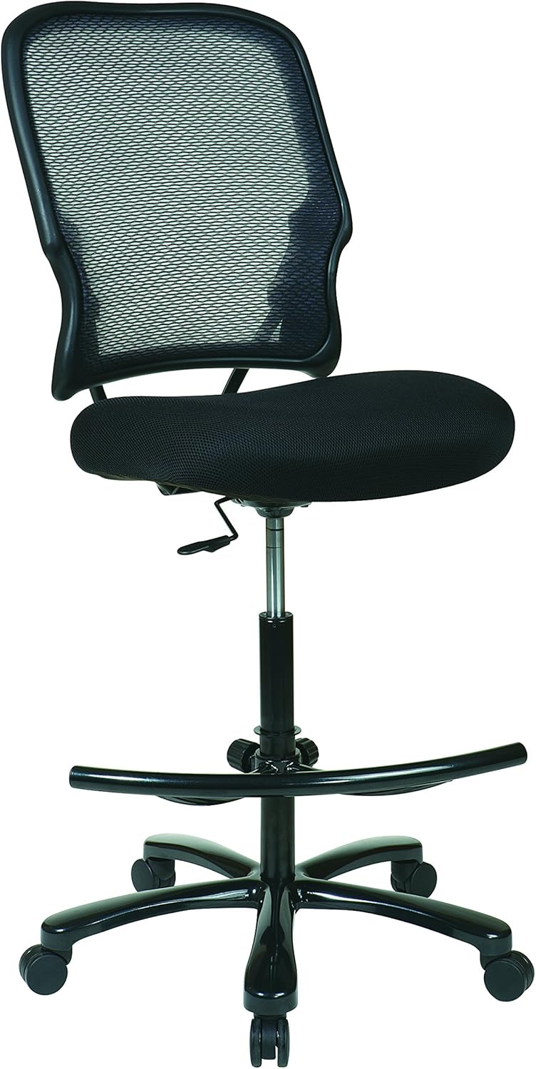 Space Seating 15 Series Big Man's Big and Tall Air Grid Drafting Chair with Mesh Seat, Adjustable Footring and Gunmetal Finish Base, Black