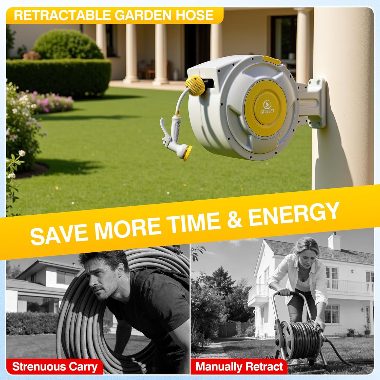 130 ft x 1/2" Retractable Garden Hose Reel, Heavy Duty Water Hose Reel Wall Mounted, Any Length Lock, 180°Swivel, Water Hose with 8-Function Nozzle for Cleaning, Watering (Yellow)