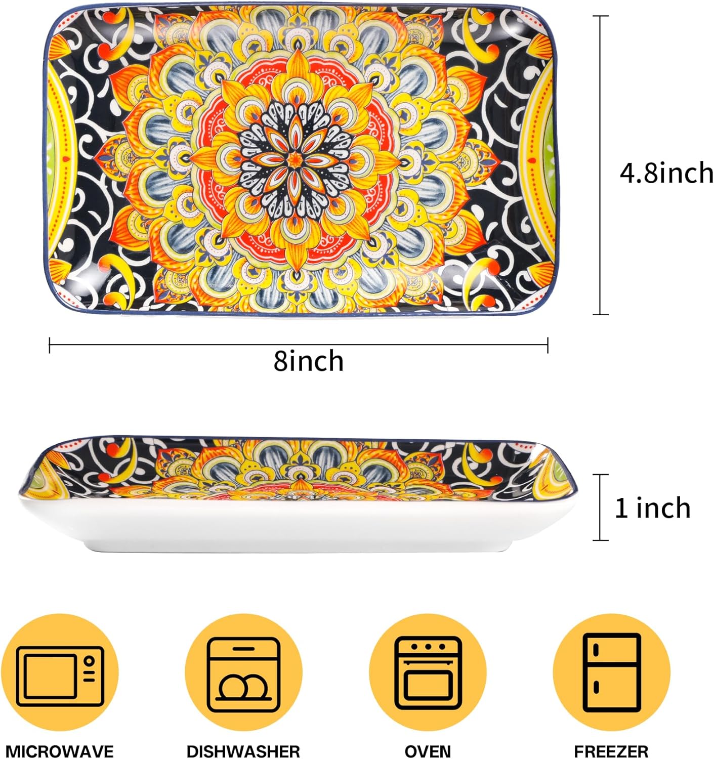 6-Piece Ceramic Salad Plates Set - 8 Inch, Rectangular Dessert Plates for Sushi, Appetizer, Cake - Microwave & Oven Safe, Porcelain Plates for Kitchen Decor