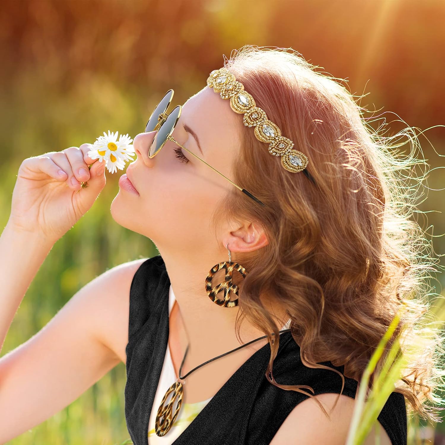 6 Pieces 60s 70s Hippie Costume Accessories Peace Sign Boho Set (Large, Black) : Toys & Games