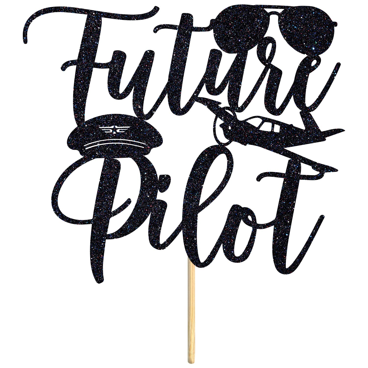 HequoyerFuture Pilot Cake Topper, Congrats Grad/Let the adventure Begin/Congratulations, 2025 Graduation Party Decoration Supplies, Black Glitter
