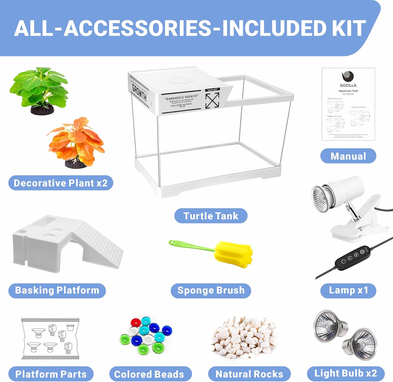 GOZILLA Mini Turtle Tank Kit with Adjustable Lamp, Upgrade PC Hermit Crab Tank,Small Turtle/Hermit Crab Starter Kit with Lid, Hideout Platform for Baby Turtles, Crabs, Fish.(11.8×7.24×7.1''/White Kit)