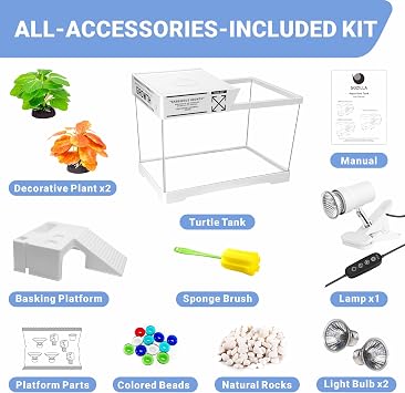 GOZILLA Mini Turtle Tank Kit with Lamp, Upgrade PC Turtle Tank Starter Kit with Adjustable Lamp,Reptile Habitat with Lid,Basking Platform for Baby Turtles and Hermit Crab.(11.8×7.24×7.1''/White Kit)