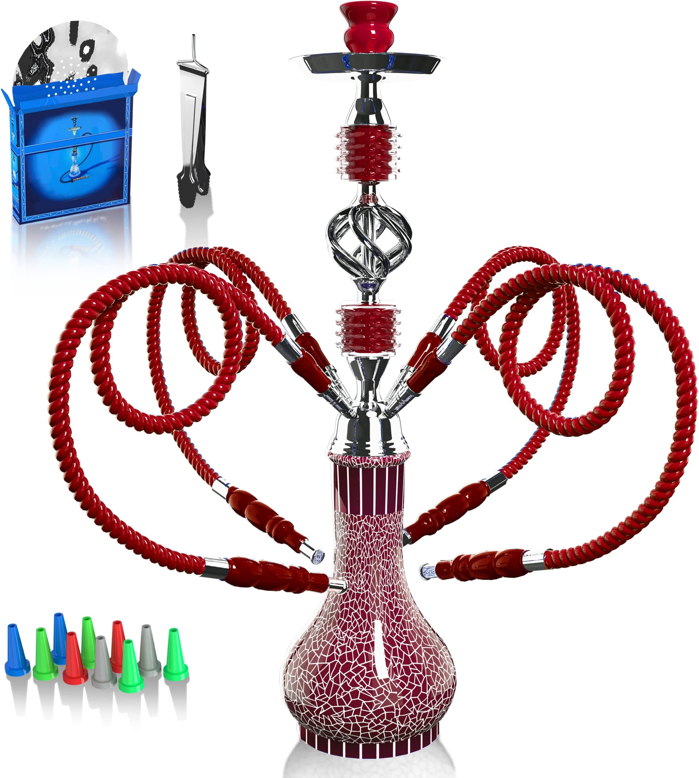 Hookah Complete Set with 4 Hose, 22'' Large Shisha Kit for Up to 4 Persons with Everything Included, Ceramic Bowl | Premium Hose | Beautiful Glass Vase (Red OS1)