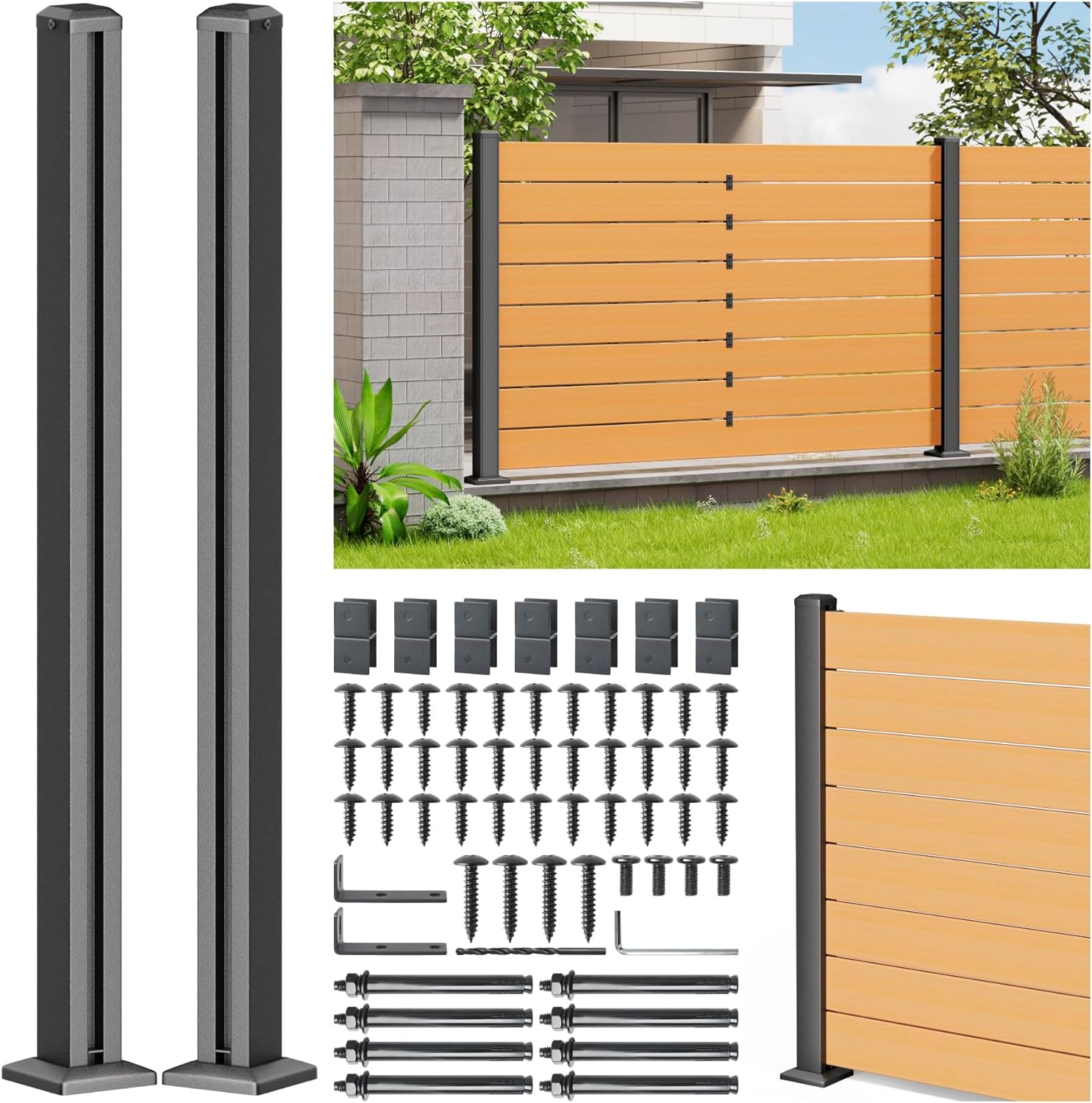 4FT 201 Stainless Steel Heavy Duty Fence Post for (End Post) for Wood Slats, Outdoor Ground Install Wooden Privacy Fence Panels Posts Matte Black 2Pcs