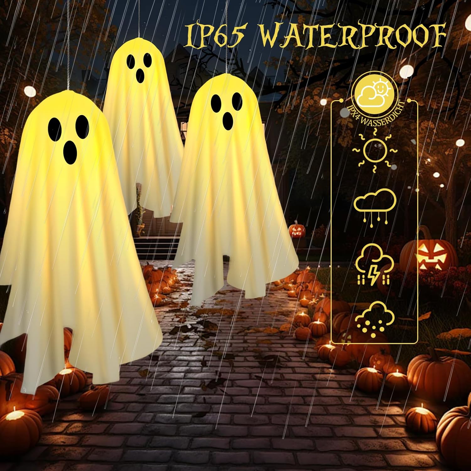 2PACKS Solar Hanging Ghost Lights for Halloween Decorations Outdoor,Light up Spooky Ghosts with Warm Yellow LED Lights,Halloween Floating Light for Yard,Porch,Creepy Party Decor - Image 6