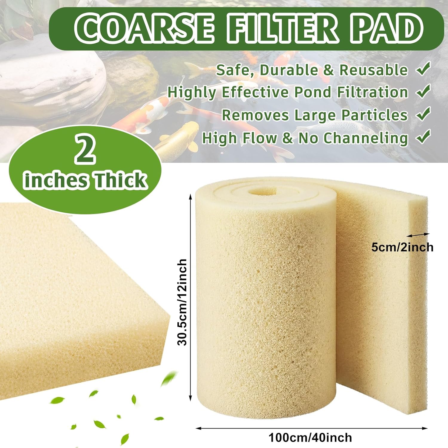 LemonRoad 12" x 40" x 2" Coarse Pond Filter Pad 20ppi Bulk Roll Aquarium Sponge Filter Pond Media Cut to Fit Reusable Activated Carbon Pads for Outdoor Garden Aquarium Fish Tank Filtration