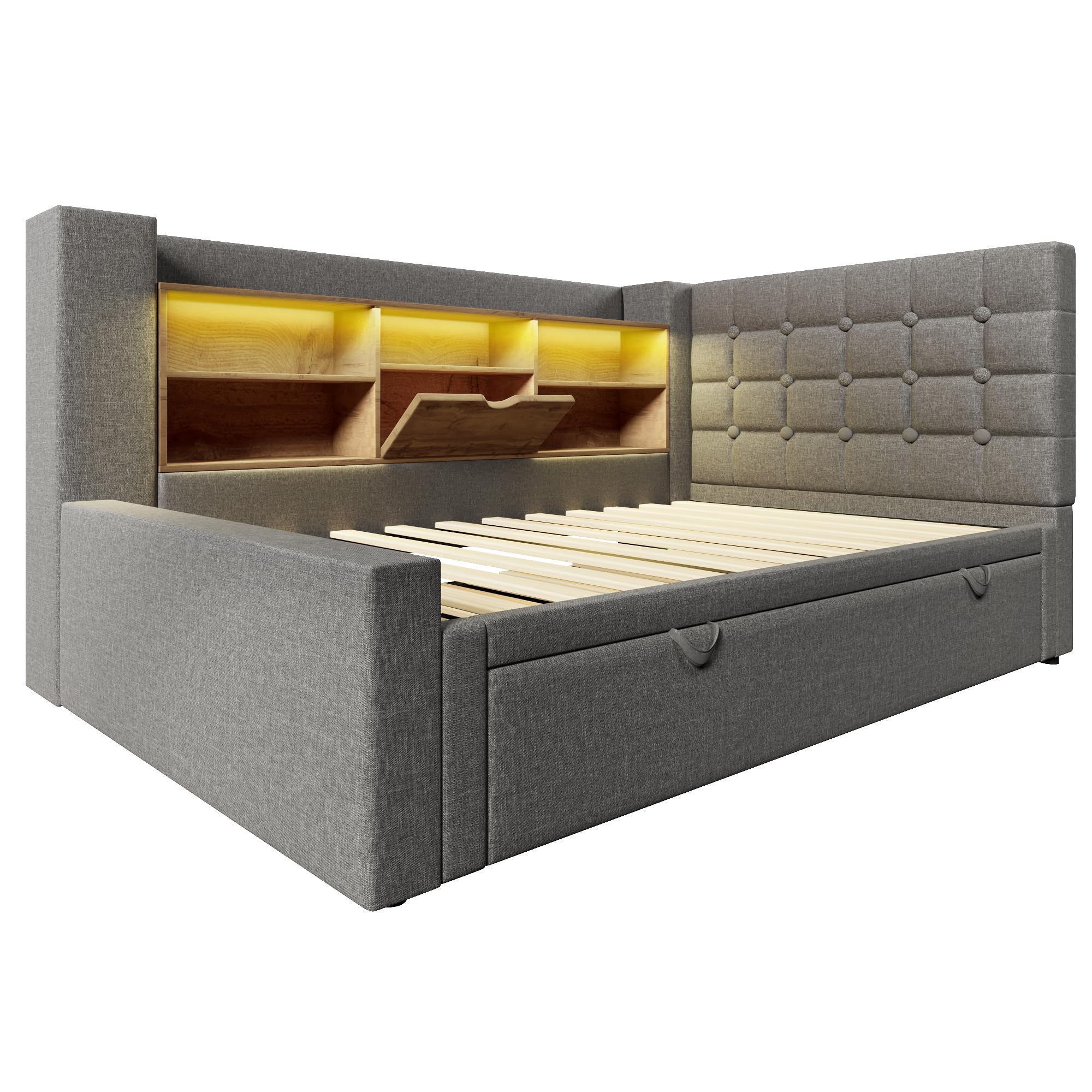 Cama tapizada de 90 x 200 cm con cama nido de 90 x 190 cm, iluminación LED, cama de almacenamiento, cabecero en forma de L con espacio de almacenamiento, montaje por ambos lados, somier, lino