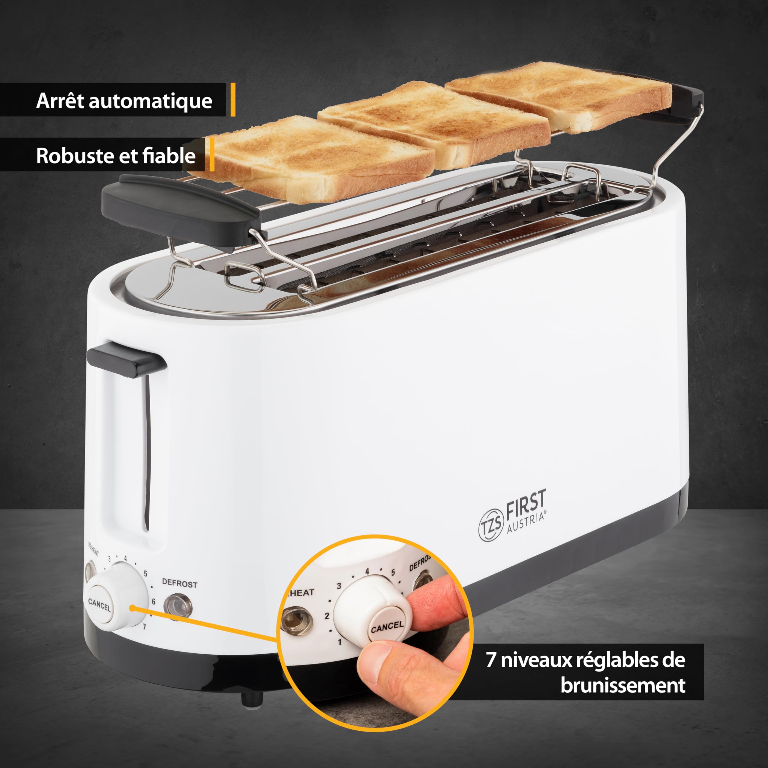 TZS First Austria Grille-pain 4 tranches longues, 1400W, tiroir ramasse-miettes, support à petits pains, boîtier isotherme, réglage de température, inox, fonction décongélation, centrage du pain