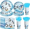 Penguin Birthday Decorations Party Tableware - Winter Penguin Party Supplies for Birthday Baby Shower, Paper Plate, Cup, Napkin, Disposable Cutlery | Serves 24
