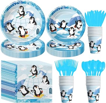 APOWBLS Penguin Birthday Decorations, Winter Penguin Party Supplies 24 Sets | For Birthday Baby Shower, Disposable Paper Plates and Cups Set Tableware, Napkin, Cutlery