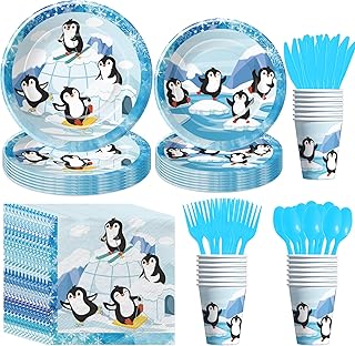 APOWBLS Penguin Birthday Decorations Party Tableware - Winter Penguin Party Supplies for Birthday Baby Shower, Paper Plate, Cup, Napkin, Disposable Cutlery | Serves 24