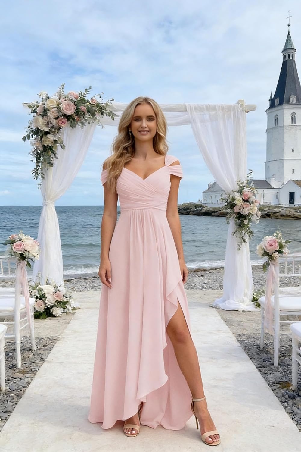 2026 Long Chiffon Bridesmaid Dress with Slit Off Shoulder Formal Dresses GO036