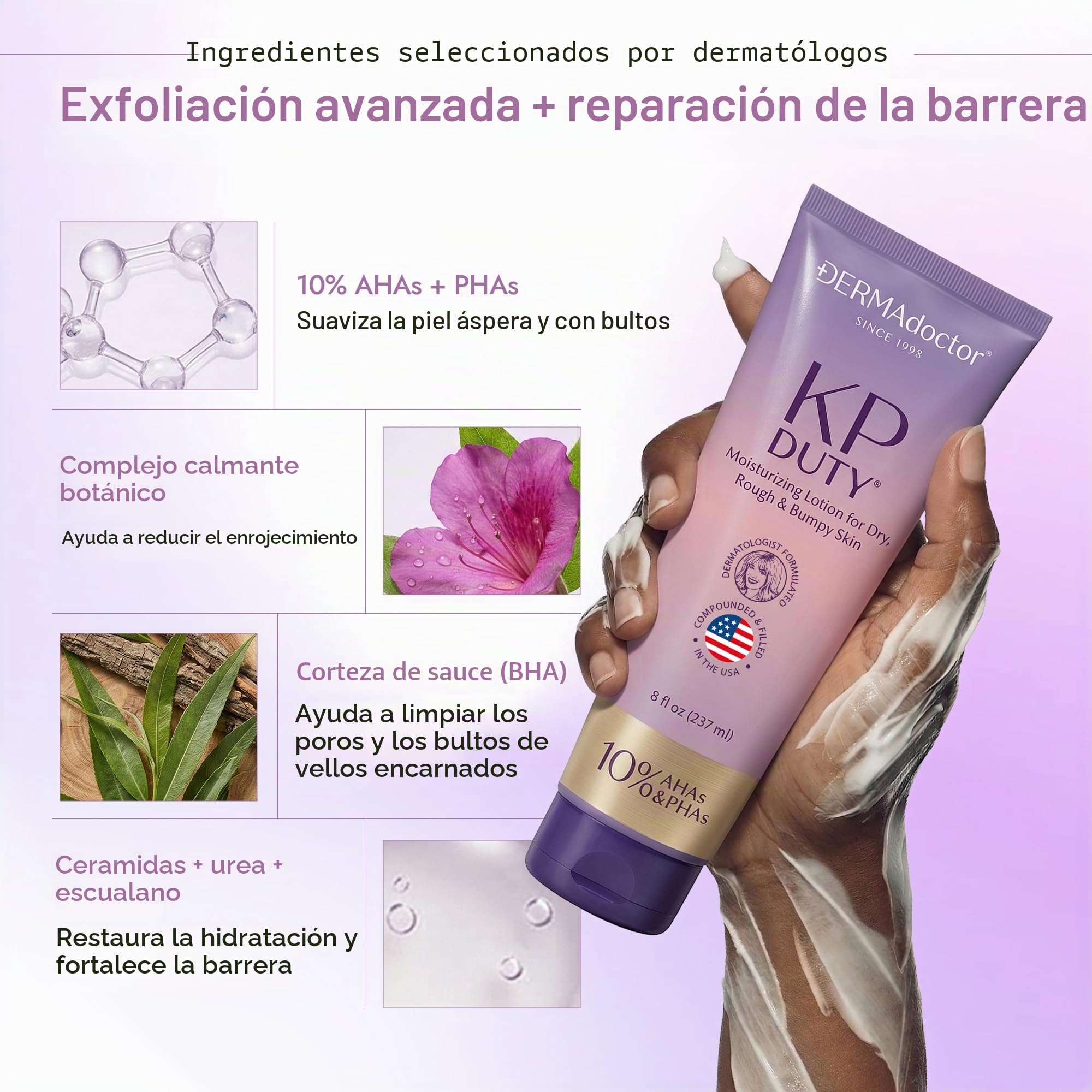 DERMAdoctor: KP Duty Crema Hidratante | Crema Corporal Dermatológicamente | Formulada para Queratosis Pilaris | Suaviza la Piel Seca, Áspera, con Bultos y Pollo | Hidrata y Suaviza | 10% AHAs + PHAs