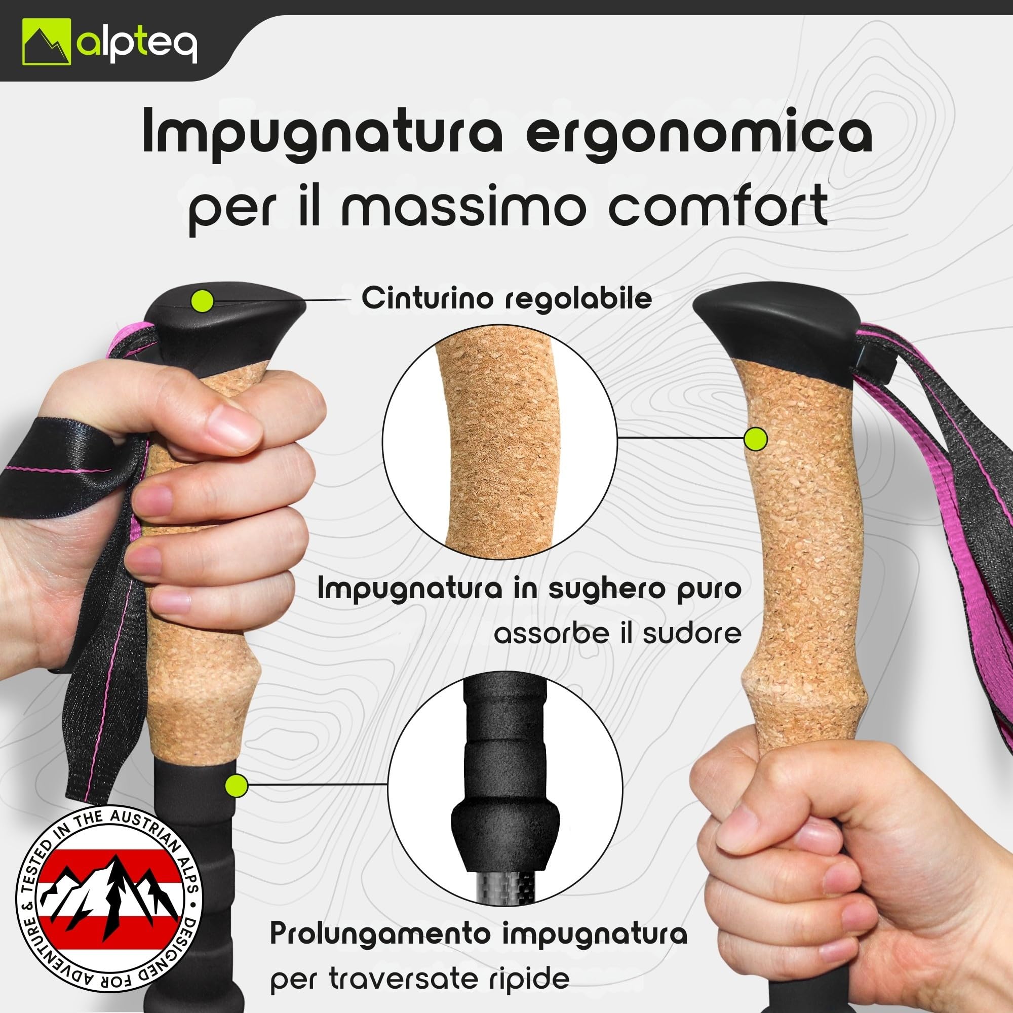 Bastoni da trekking pieghevoli in carbonio con impugnatura in sughero | Bastoni da escursionismo per sport di montagna | Bastoni da nordic walking per donne e uomini | extra leggeri