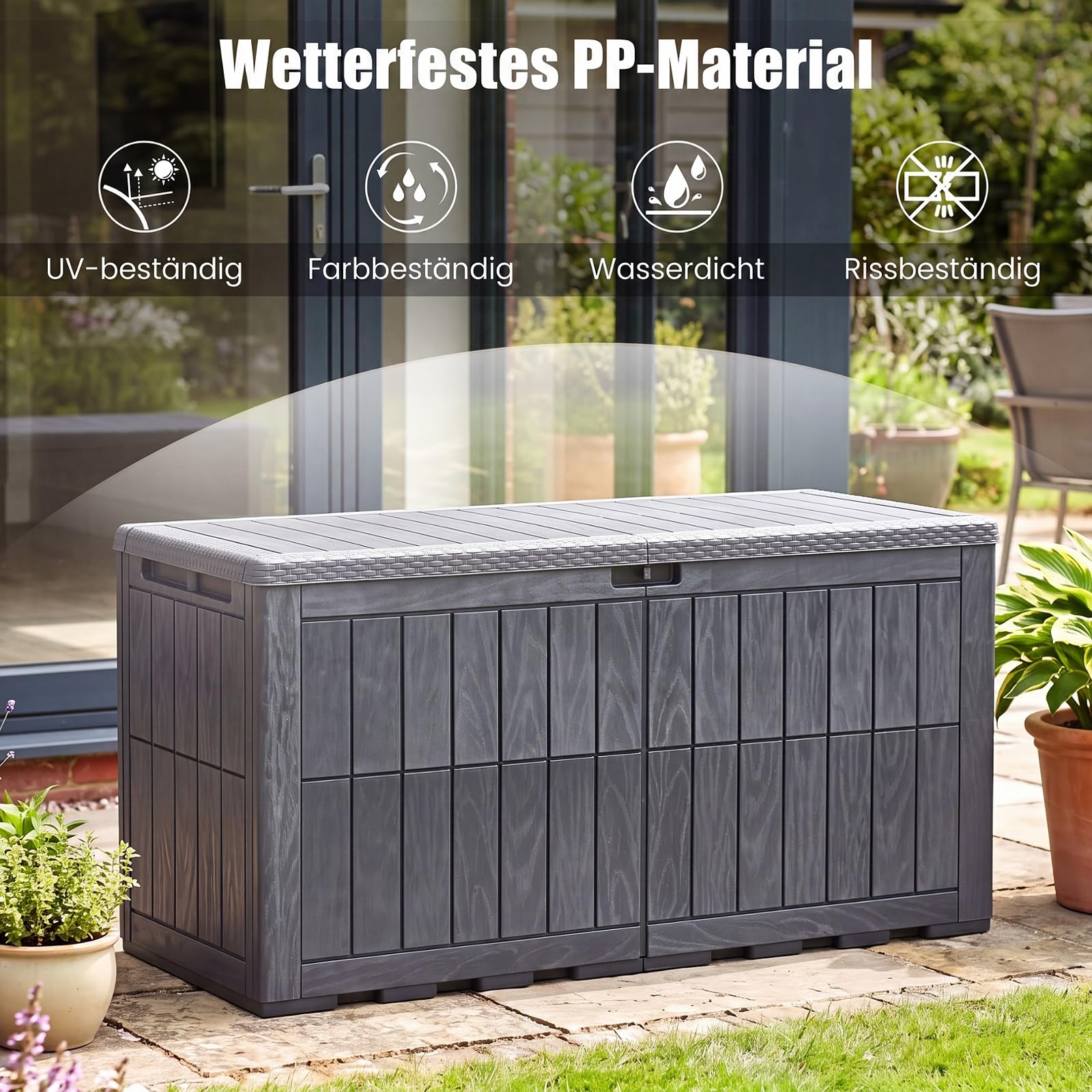 COSTWAY Gartenbox Outdoor mit abschließbarem Deckel (Grau,455 L) | Aufbewahrungsbox mit Gasdruckfedern & Griffen, wetterfeste Auflagenbox Kissenbox für Garten, Terrasse & Balkon