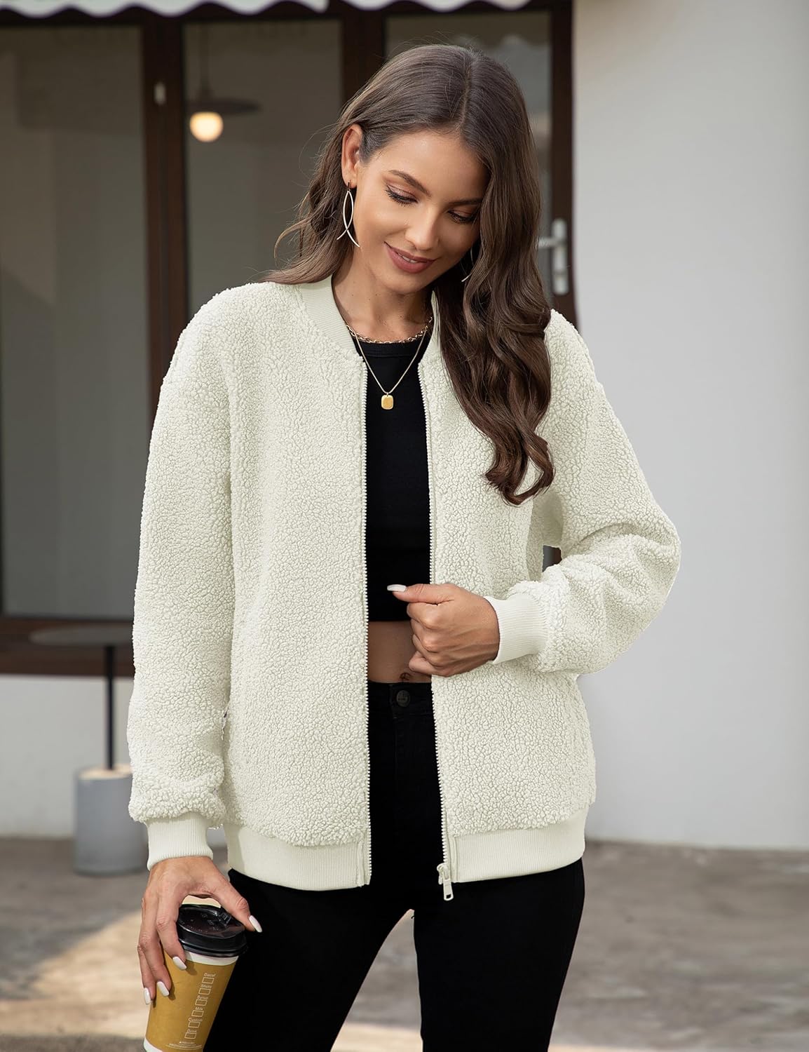 YUCOLEN Womens Sherpa Jacket Fleece Bomber Jacket Zip Up Teddy Coat Long Sleeve Winter Coat Cropped Outwear with Pockets - Image 3