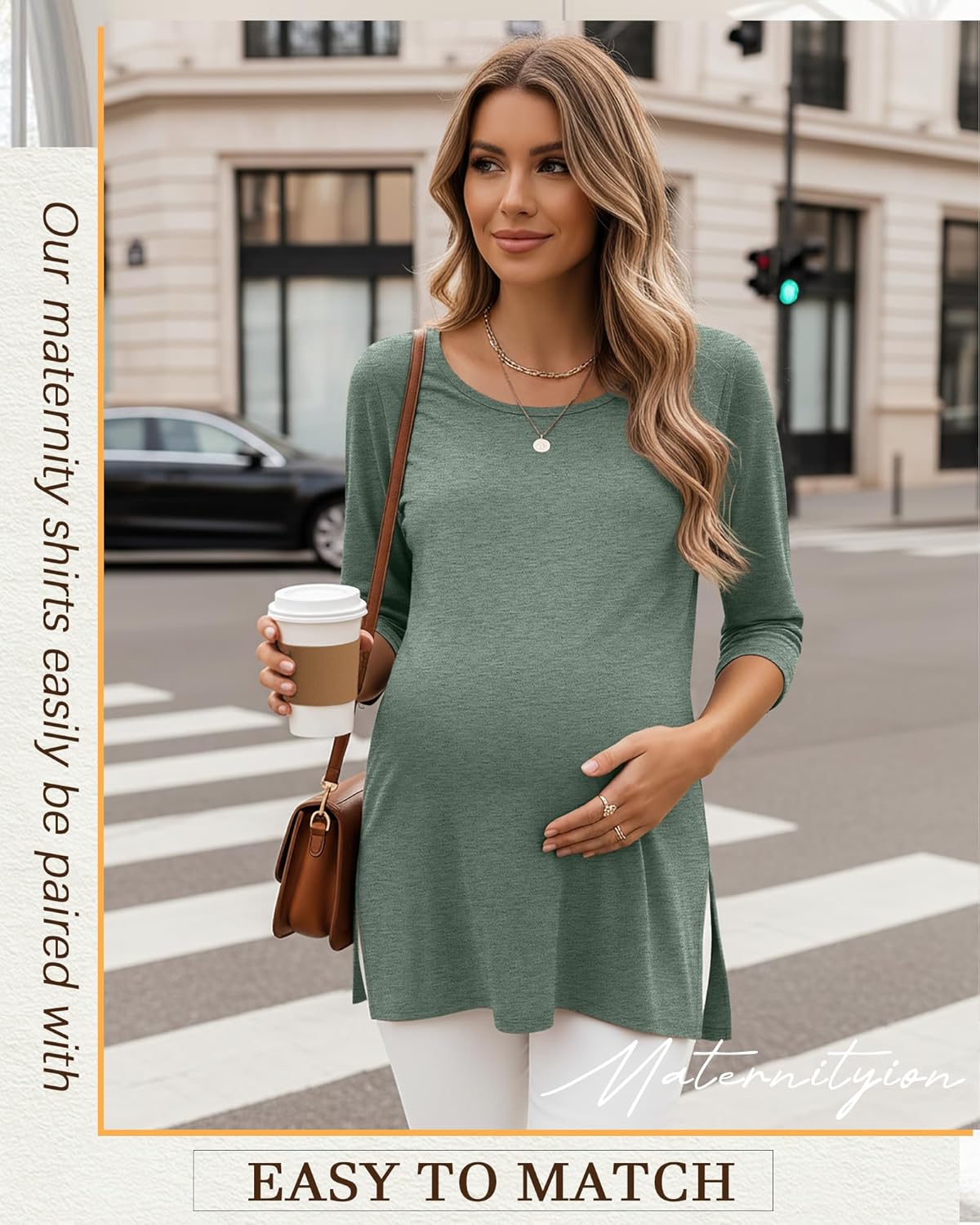 3 Pack Women's 3/4 Sleeve Maternity Shirts Elbow Length Clothes Round Neck Tunics Pregnancy Loose Side Split Tops - Image 2
