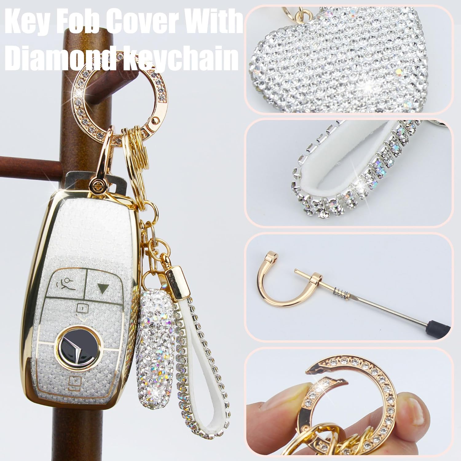 Key Fob Cover with Diamond Keychain Car Key Holder Compatible with Benz 2017-2021 E-Class 2018-2021 S-Class 2019-2021 A-Class C-Class G-Class for Women, 4 Buttons (White-Heart) - Image 3