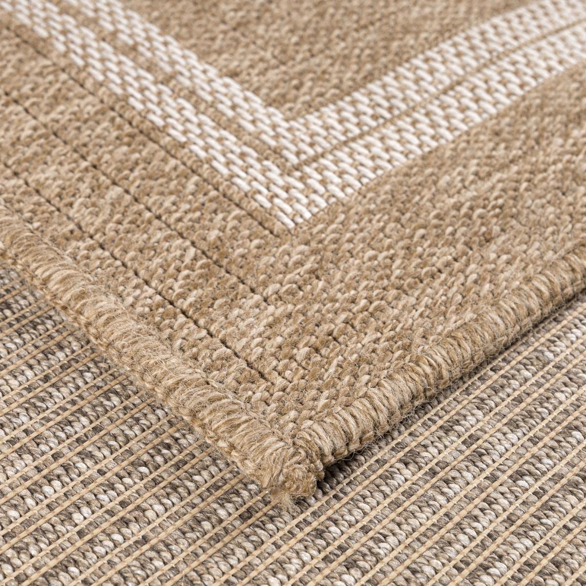 Tapis Exterieur 60 X 90 Cm, Rectangulaire Format Pratique, Motif Géométrique Graphique Lignes Concentriques, Beige, Blanc, Kilim Tissé Turquie, 7351