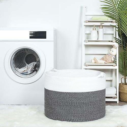 Miniatura 40 de MINTWOOD Design Cesta decorativa extragrande de 22 x 16 pulgadas de cuerda de algodón tejida para sala de estar con asas y cesta redonda para ropa