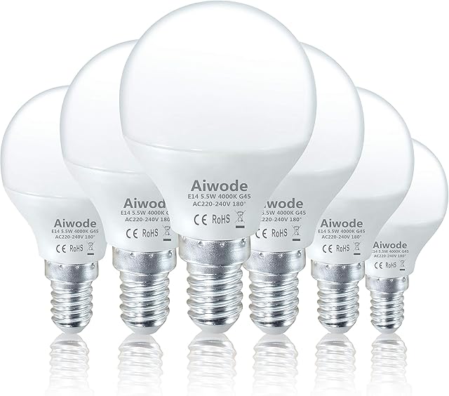 Aiwode 5.5W E14 LED Light Bulbs,Natural White 4000K,Equivalent 40W Halogen Lampe,470lm Ra80,G45 Small Edison Screw Golf Ball Bulb, Pack of 6.