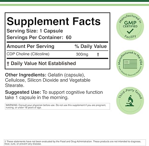 Miniatura 2 de Suplemento de CDP citicolina de grado farmacéutico fabricadas en Estados Unidos 60 cápsulas de 300 mg