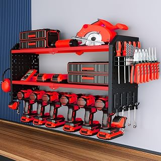KAFAHOM Power Tool Organizer，Large 6 Drill Holder Wall Mount with 12 Hooks，Heavy Duty Metal Tool Shelf with 2 Side Pegboards，Utility Cordless Drill Holder and Battery Shelves，Storage Rack for Garage Organization - Red