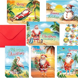 Fancy Land Beach Christmas Cards Tropical Merry Christmas Greeting Cards Flamingo Santa Claus Snowman Card Bulk for Kids Holiday Party Favor Supplies 24 Pcs