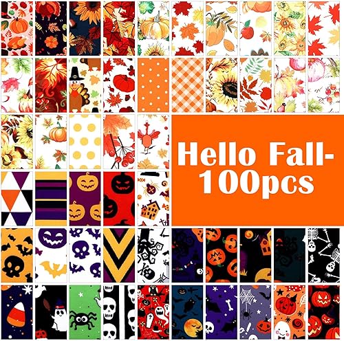 Miniatura 6 de Irenare 100 Pcs 8 x 8 Inches Fall Quilting Fabric Squares Thanksgiving Fat Quarters Squares Fabric Bundle Autumn Orange Pumpkin Maple Leaf Printed